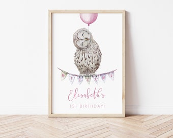 May include: Watercolor print featuring a whimsical owl with closed eyes, holding a pink balloon. A banner below reads "WELCOME" and the text "Elisabeth's 1st Birthday!" is displayed in pink script. The artwork is framed in a light wood frame.