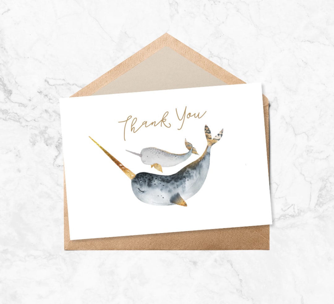Narwhal Thank You Card, Instant Printable Download, Narwhal Blue Gold ...