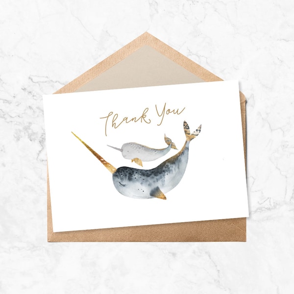 Narwhal Thank You Card, Instant Printable Download, Narwhal blue gold illustration, Baby Shower Thank You Card, Boys Thank You Card, modern