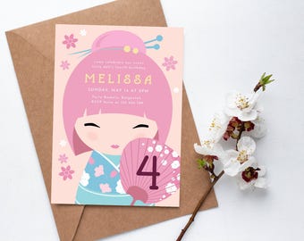 Japanese Doll Birthday Invitation, Cute Geisha Cherry Blossom Birthday Invite, Kokeshi, Kimono Theme, Printable Digital Download