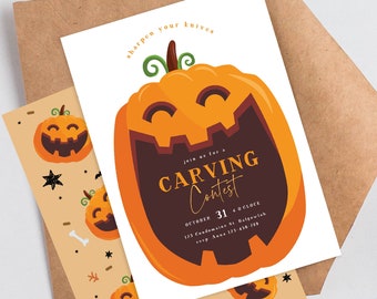 以下が含まれることがあります： オレンジと茶色のカボチャが彫刻された顔で、ハロウィンのカボチャ彫刻コンテストへの招待状です。テキストには、「ナイフを研いでください」、「彫刻コンテストにご参加ください」、「10月31日、午後4時」、「171 Condomaine St. Balgowlah」、「RSVP Anne 123-456-789」と記載されています。