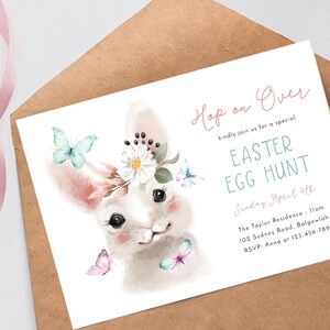 Easter Bunny Invite, Easter Egg Hunt, Easter Party, Family Get-together, Cute Floral Bunny with Butterflies, Minimalistic, Template Download