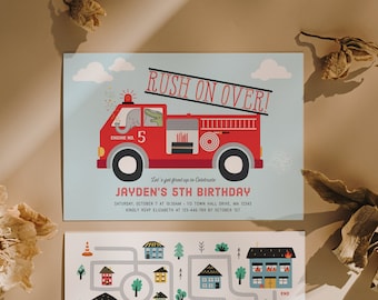 Editable Firetruck Birthday Invitation, Fire Truck Fire Engine, Modern Fire Truck Invite Boys Birthday, Digital Printable INSTANT DOWNLOAD