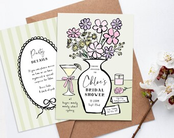 Floral Bridal Shower Invite, Hand drawn Flowers, Floral Vase Fun Whimsical, Garden Party Couples Shower, Editable Template Instant Download