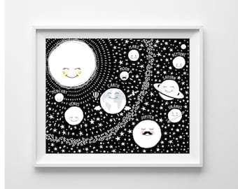 Solar System Kids Wall Art, Black and White Solar System, Boys Space Decor, Solar System Nursery Decor, Planet poster, Children Space Print