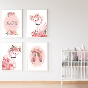 Conjunto de flamencos, decoración de dormitorio para niñas, arte de pared para habitación infantil, estampado de flamencos con nombre, estampados de bailarinas, flamenco floral minimalista rosa dorado.