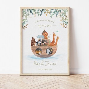 May include: A watercolour illustration of Noah's Ark with animals on board. The text reads "Welcome to the baptism of our son Noah James 10th of August 2022".