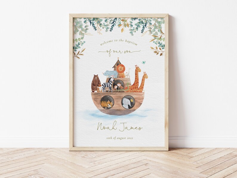 May include: A watercolour illustration of Noah's Ark with animals on board. The text reads "Welcome to the baptism of our son Noah James 10th of August 2022".