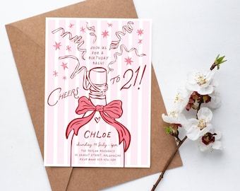 21. Geburtstagseinladungsvorlage Bearbeitbar Prost bis 21 Jahre Handgezeichnete Champagnerflasche Getränke Party Laden Rosa Rot Kokette Rosa Streifen ein