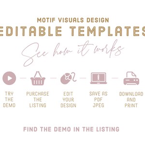 May include: A graphic showing the steps to use an editable template. The steps are: Try the demo, Purchase the listing, Edit your design, Save as PDF/JPEG, Download and print. The graphic includes icons for each step and the text "Find the demo in the listing".