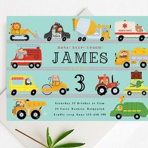 May include: A blue and white birthday invitation featuring a cartoon illustration of various vehicles. The invitation reads "Honk! Beep! Vroom! James is turning 3" and includes details for the party.