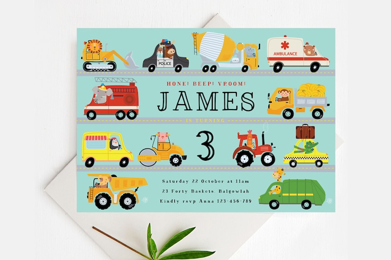 May include: A blue and white birthday invitation featuring a cartoon illustration of various vehicles. The invitation reads "Honk! Beep! Vroom! James is turning 3" and includes details for the party.