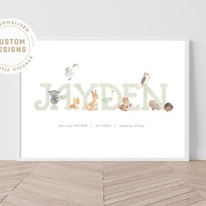 Custom Name Signage Cute Australian Animals | Boys Nursery Wall Decor | Personalised Baby Name Boy | Minimalistic |  Eucalyptus Greenery
