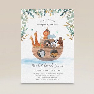 Noah&#39;s Ark Baptism Invitation, Noah&#39;s Ark Boys Baptism, Cute Animals Noah&#39;s Ark, Greenery Christening Dedication, Editable Download M047