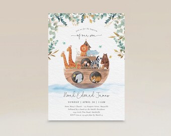 Könnte beinhalten: Eine Aquarell-Illustration einer hölzernen Arche mit Tieren an Bord, darunter Giraffen, ein Löwe, ein Zebra, ein Bär und ein Elefant. Der Text "Noah Edward James" befindet sich unter der Arche, zusammen mit dem Datum "Sunday April 28 | 11AM".