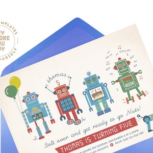 Robot Birthday Party Invite Vintage Rustic Digital Robots and Robot Dog Boys Birthday Invite Editable DIY template INSTANT DOWNLOAD image 2