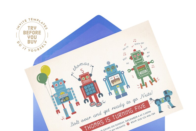 Robot Birthday Party Invite Vintage Rustic Digital Robots and Robot Dog Boys Birthday Invite Editable DIY template INSTANT DOWNLOAD image 2