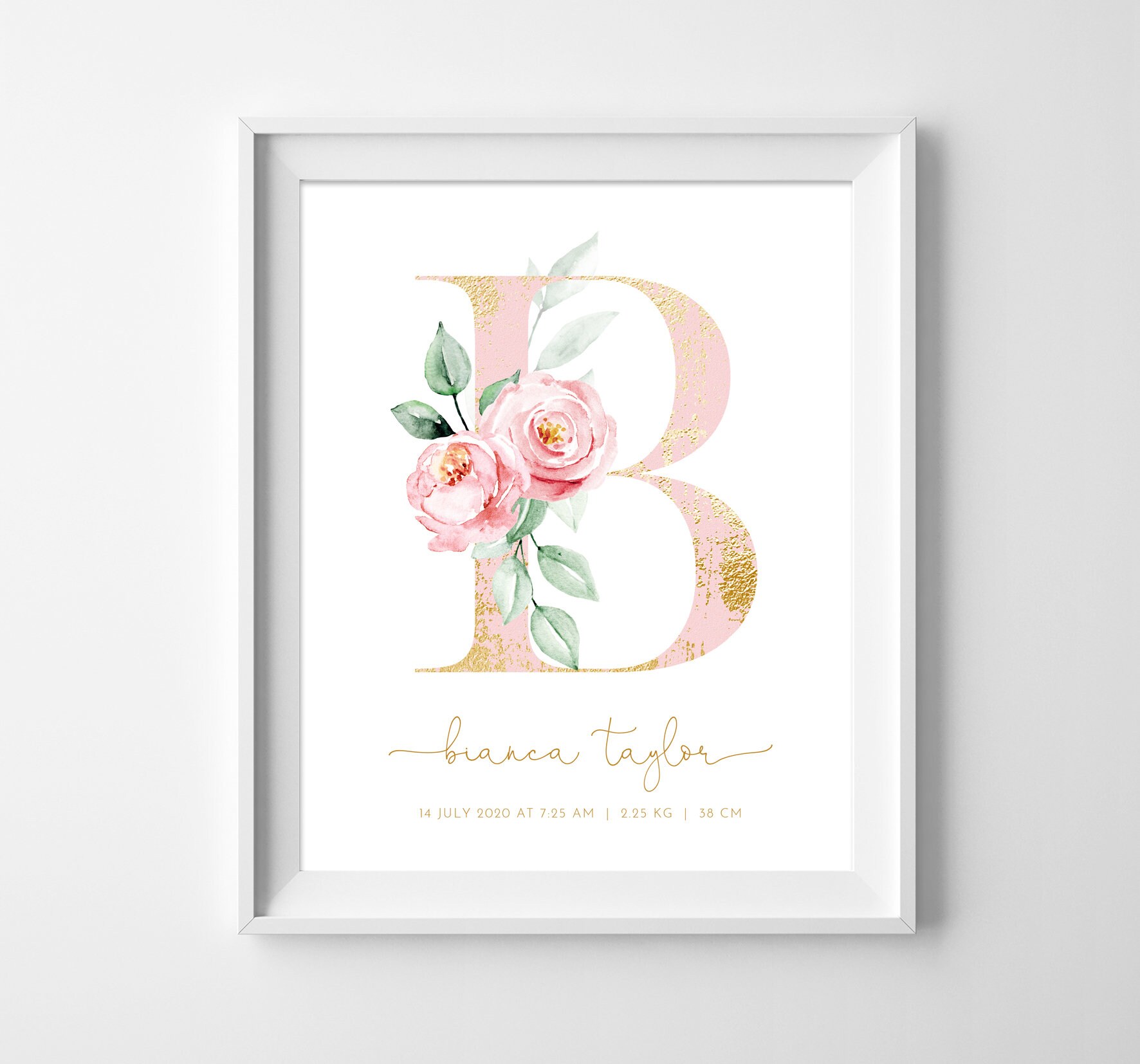 Baby Girl Nursery Print, Newborn Gift, Pink Gold Floral Baby Name Print ...