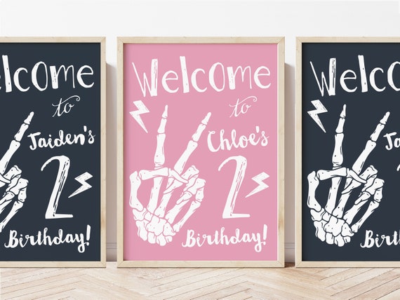 Bad TWO the Bone Welcome Birthday Sign, Editable Halloween Party Sign, Halloween Fall Skeleton Hand, 2nd Birthday Sign Instant Download M086