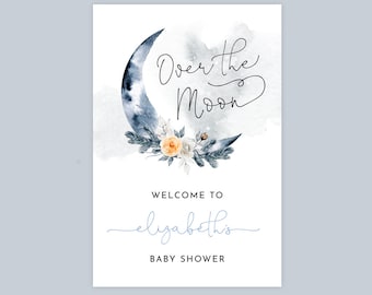 Moon Baby Shower Welcome Sign, Baby Sprinkle, Over the Moon, Crescent Moon, Floral Pink, Modern Baby Shower bloemen, koppels douche, M020