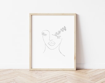 Line Drawing Female Face, Floral Face Line Art, Modern Line drawing, Female face with flowers, Abstract, Floral Eyelashes, Black White line