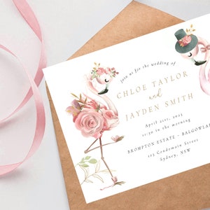 Flamingo Wedding Invitation | Floral Pink Flamingo | Flamingo Summer Tropical Floral Gold Pink Wedding | Minimalist Flamingo Boy Girl M078