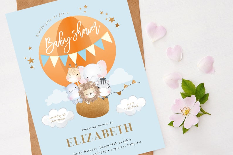 Safari Animals Hot Air Balloon Baby Shower Invite, Cute Jungle Safari ...