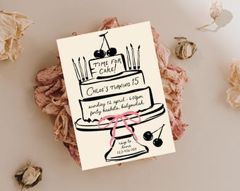 Hand-drawn Cake Invitation, Whimsical Contemporary Cake, Time for Cake, Editable Funky Vintage Birthday Invite Digital Download Template