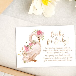 Swan Baby Shower Books for Baby Card, Baby Shower Insert Card, Books for Baby Insert, Modern Floral Swan, Pink Gold, Books for Baby, M002 image 2