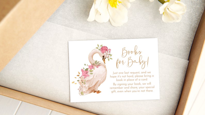 Swan Baby Shower Books for Baby Card, Baby Shower Insert Card, Books for Baby Insert, Modern Floral Swan, Pink Gold, Books for Baby, M002 image 2