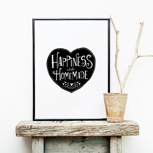 Happiness is Homemade, Black White Scandinavian Wall Art, Monochromatic Wall Decor, Handwritten, Heart, Love, Inspirational saying, Modern