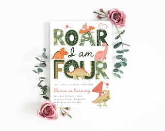 Mädchen Dinosaurier vierter Geburtstagseinladung, rosa Dino Party Vorlage Roar ich bin vier, Dinosaurier 4. Party bearbeitbar einladen Sofort-Download