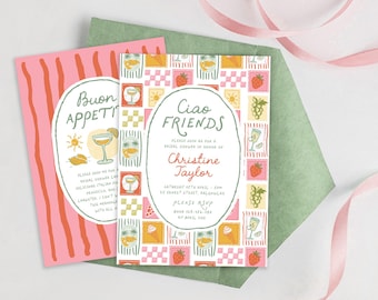 Tropische Brautdusche einladen, Handgezeichnete Sommer-Brunch-Einladung, italienische mediterrane Ciao Friends Brautdusche, bearbeitbare PDF-Vorlage