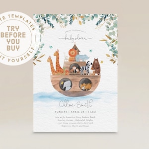 Noah&#39;s Ark Baby Shower Invitation, Greenery Noah&#39;s Ark Cute Baby Animals, Noah&#39;s Ark Baby Sprinkle, Editable Template Instant Download M047