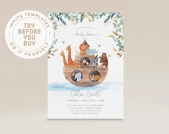 May include: A watercolor illustration of a baby shower invitation with a wooden ark filled with animals. The text reads "You're invited to a baby shower" and "Chloe Smith". The date and time of the shower are listed as "Sunday, April 28, 11AM".
