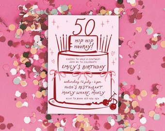 50th Birthday Invitation Template, Retro Hand-Drawn Pink Whimsical Cake, Cheers to half a century, Editable Modern Coquette Style Download