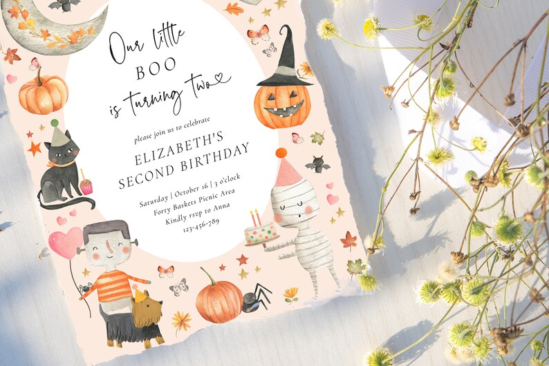 K&ouml;nnte beinhalten: Halloween-Motto-Geburtstagseinladung mit rosa Hintergrund und Illustrationen einer schwarzen Katze, eines K&uuml;rbisses, einer Mumie und eines Frankensteins. Der Text lautet "Our little BOO is turning two" und "Elizabeth's Second Birthday".