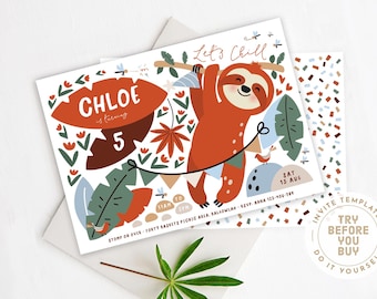Sloth Birthday Party Invitation, Cute Modern Sloth Floral Greenery, Editable Sloth Invite, Gender Neutral Digital Printable Download M109