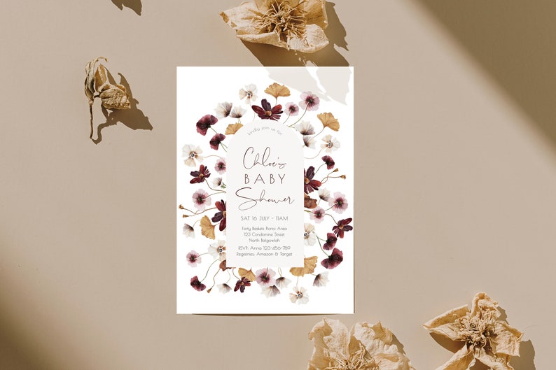 Wild Flower Poppy Baby Shower Invitation Baby Sprinkle Spring Wildflower Garden Shower Baby Brunch Wild Poppy Meadow Modern m052 image 1