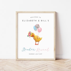 Cartello di benvenuto per baby shower a forma di anatroccolo, decorazione per festa di rivelazione del sesso, simpatico anatroccolo rosa e blu floreale, semplice e minimalista, per lui o lei, maschio o femmina, M022