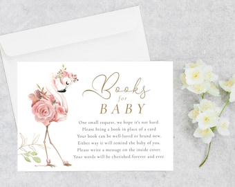 Books for Baby Card Editable Template, Flamingo Baby Shower, Books for Baby Insert Flamingo, Tropical Girl Baby Shower Instant Download M063
