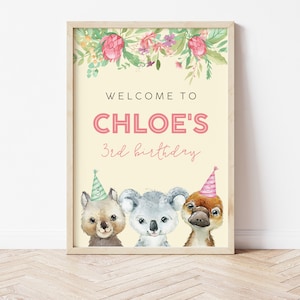 Australian Animal Welcome Sign Template, Eucalyptus Greenery Aussie Wildlife Koala Girls Birthday Party Decor Editable Instant Download M094