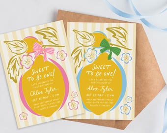 Sweet One Lemon 1st Geburtstagseinladung, handgezeichnete Lemon First-Vorlage, Lemon Citrus First, Main Squeeze 1st, bearbeitbarer digitaler Download