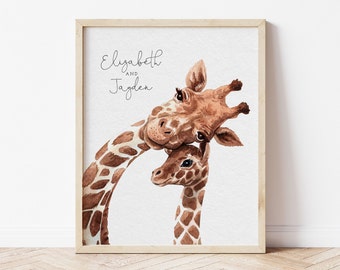 Baby and Mother Giraffe Illustration, Nursery Wall Decor, New Born Print, Baby Giraffe, Nursery Giraffe Print, Safari Animal Nursery Print