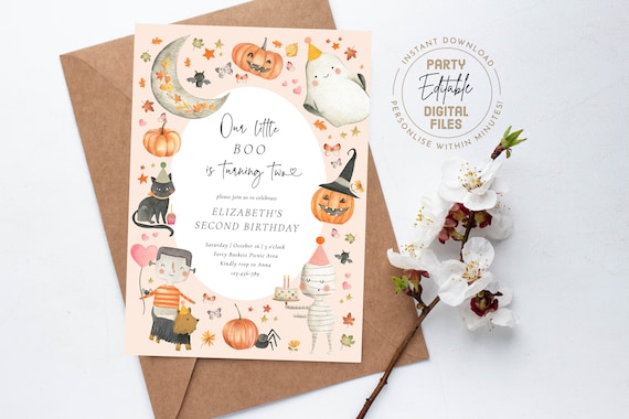 Our little Boo is Two Invite | Second Birthday Invite Girl | Editable Template | Cute Halloween Invite | Girls 2nd Invite | INSTANT DOWNLOAD