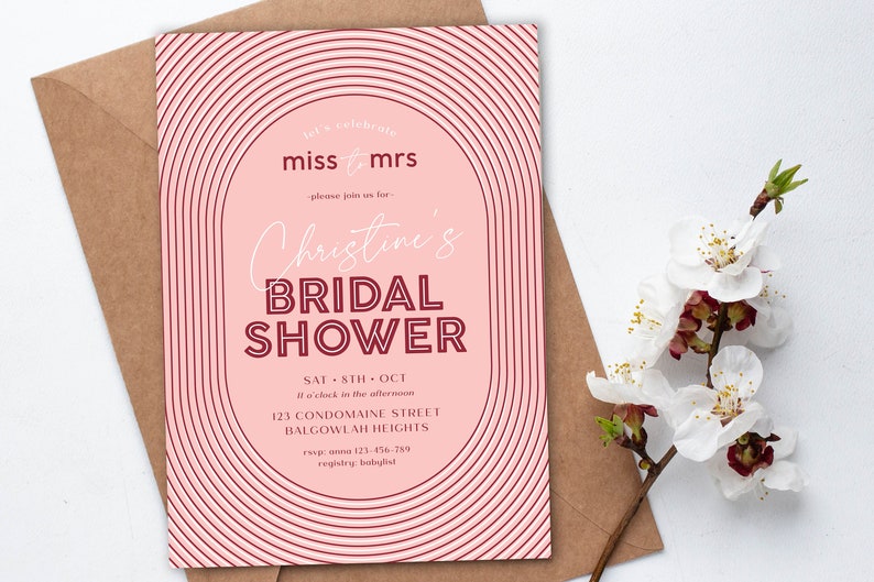 Miss to Mrs Bridal Shower Invitation, Editable Template Arch Bridal Shower, Bachelorette Party digital Download, Minimalist Pink Shower M080 image 6