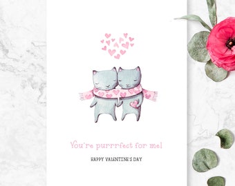 Tu es Purrrfect pour moi, carte de la Saint-Valentin, chat Kitty, coeurs, Saint-Valentin imprimable, je t'aime carte, carte mignonne douce, cartes imprimables, chat mignon
