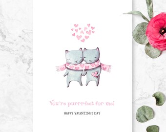 You're Purrrfect for Me, Valentine Card, Cat Kitty, Hearts, Printable Valentine, I love you card, sweet cute card, printable cards, cute cat