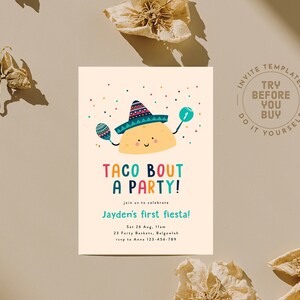 Taco birthday party invitation | Fiesta invitation digital | Mexican Cute Taco | First Birthday party | Editable Template | Instant download