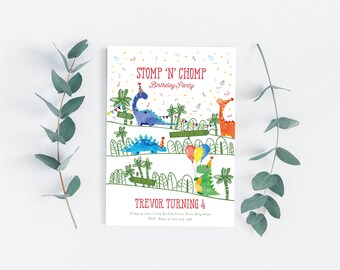Uitnodiging voor verjaardagsfeestje dinosaurus: Stomp and Roar, bewerkbare sjabloon (direct downloaden)